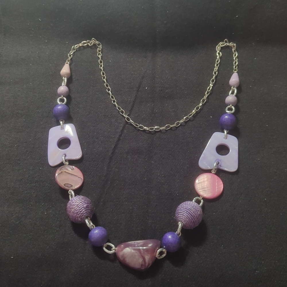 Silver Tone Purple Shell Wood Plastic Beaded Chunky Statement Necklace